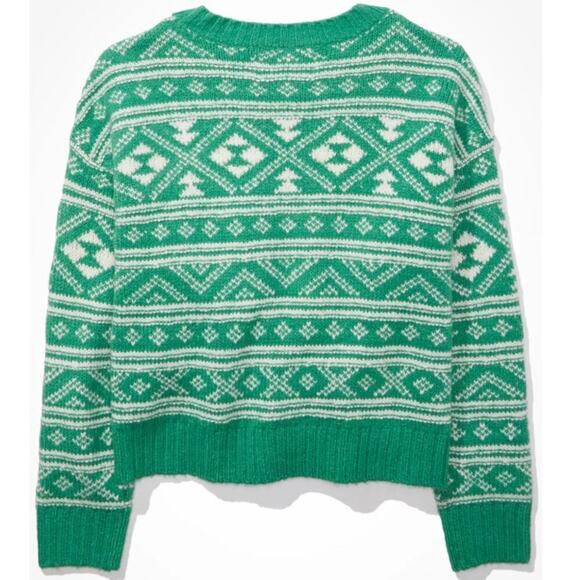 American Eagle AE Fair Isle Snowdrift Crewneck Sweater Green White Size Medium M - Picture 4 of 10